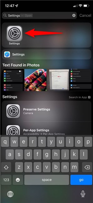Open the iOS Settings from the Spotlight Search