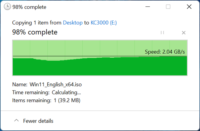 Copying a large file on the Kingston KC3000 2 TB M.2 NVMe PCIe SSD