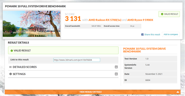  Kingston KC3000 benchmark result in PCMark 10