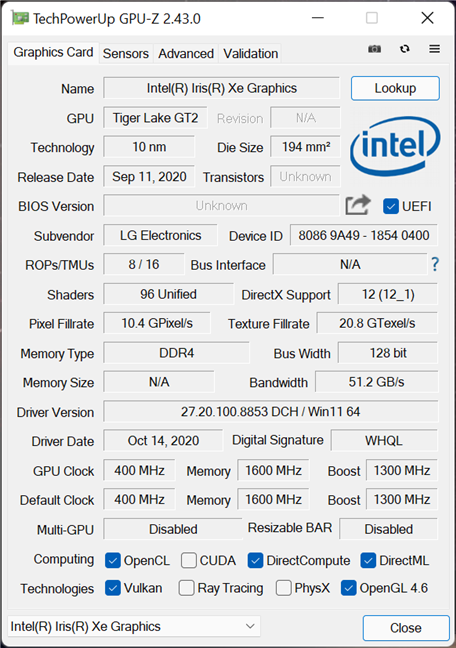 LG Gram 16: Graphics specifications