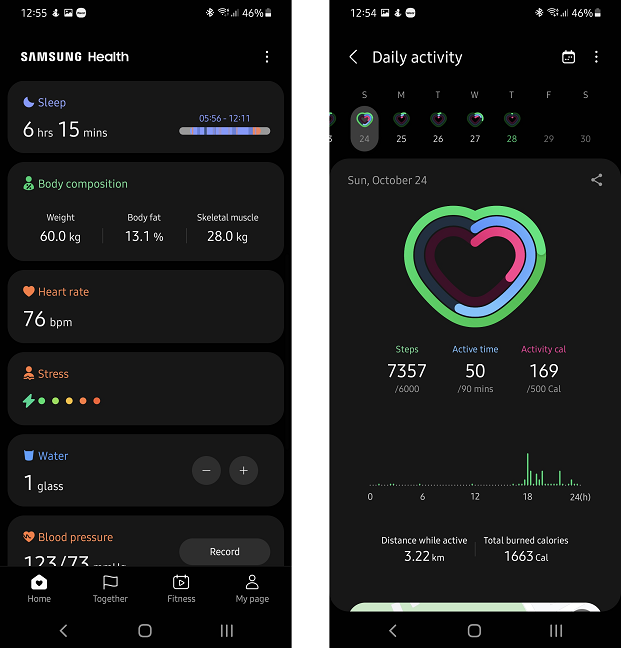 Samsung Health displays detailed information about daily physical activities