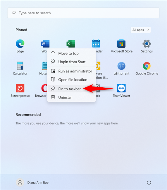 How to pin a shortcut to taskbar in Windows 11 from the apps Pinned in the Start Menu