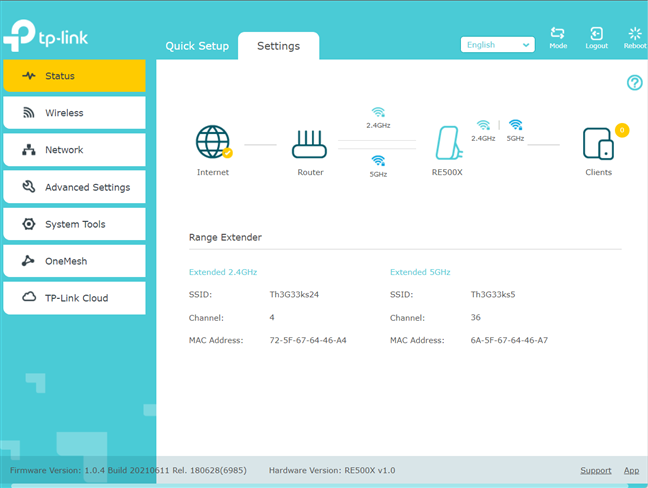 The admin user interface for TP-Link RE500X