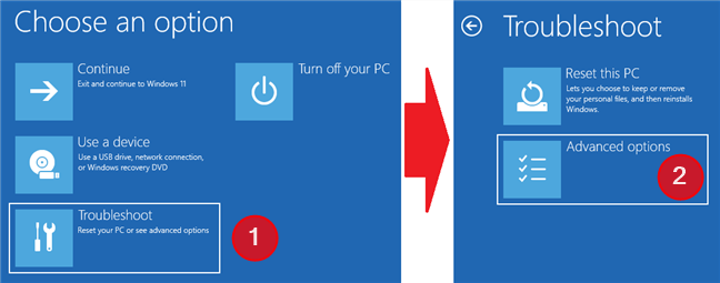 Click or tap on Troubleshoot, then on Advanced options