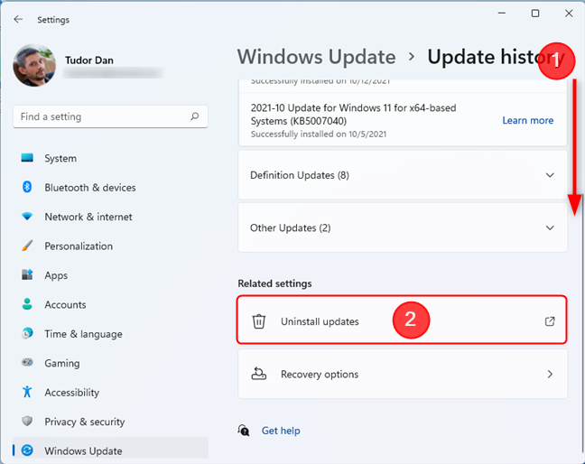 Scroll down and select Uninstall updates