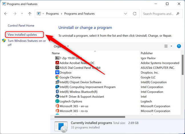 Switch from programs to updates by pressing on View installed updates