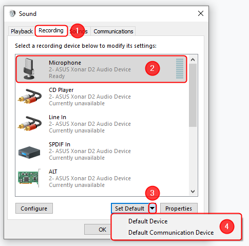 Set the default output device using the Control Panel in Windows 10