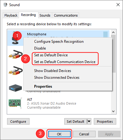 Use the context menu to set the default microphone in the Sound window