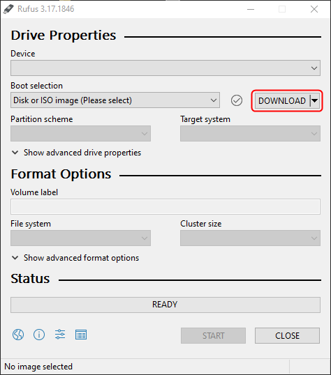 Press the Download button to start the Download ISO Image wizard