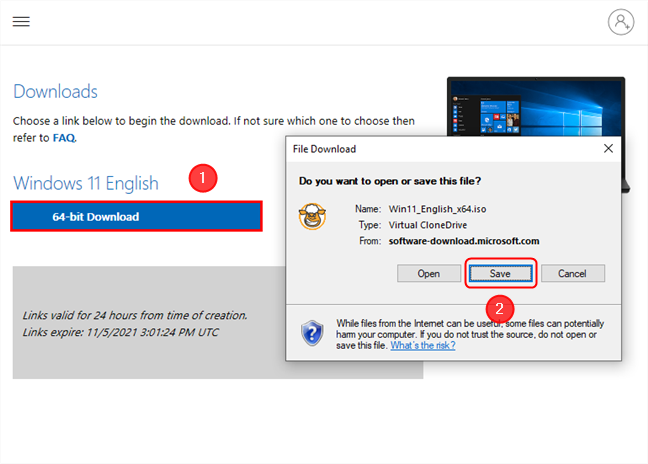 Choose the only option available, 64-bit, then confirm the download by pressing Save