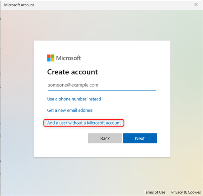 Add a user without a Microsoft account to Windows 11