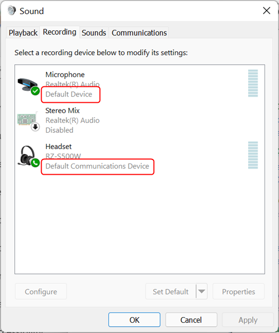 Defaults for communication and audio can be different