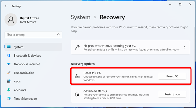 Choose Reset PC in Recovery options