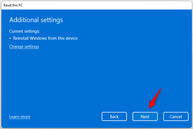 Additional settings for the Windows 11 reset