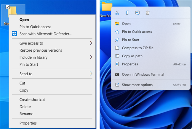 The Windows 10 right-click menu (left) versus the new one in Windows 11 (right)