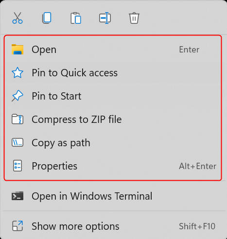 The second section of the right-click menu provides more complex action shortcuts