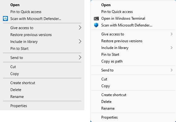 The traditional menu in Windows 10 (left) and Windows 11 (right)