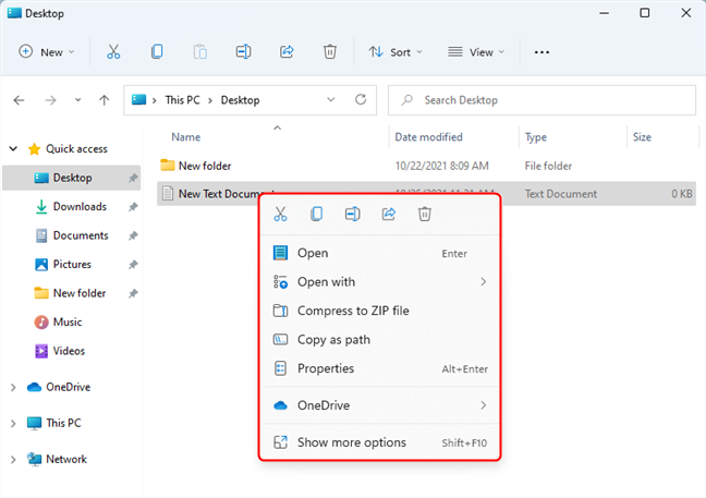 The context menu when right-clicking a document in Windows 11