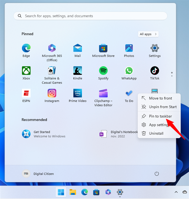 How to pin a Start Menu item to the taskbar