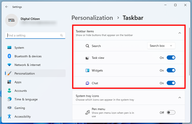 The Taskbar items settings