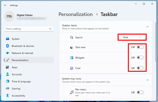 How to remove the Widgets, Search, Task view, and Chat icons