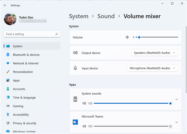 The Volume Mixer in Windows 11