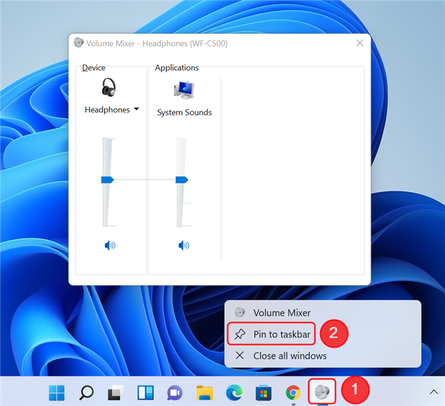 Pinning the old Volume Mixer to the taskbar in Windows 11