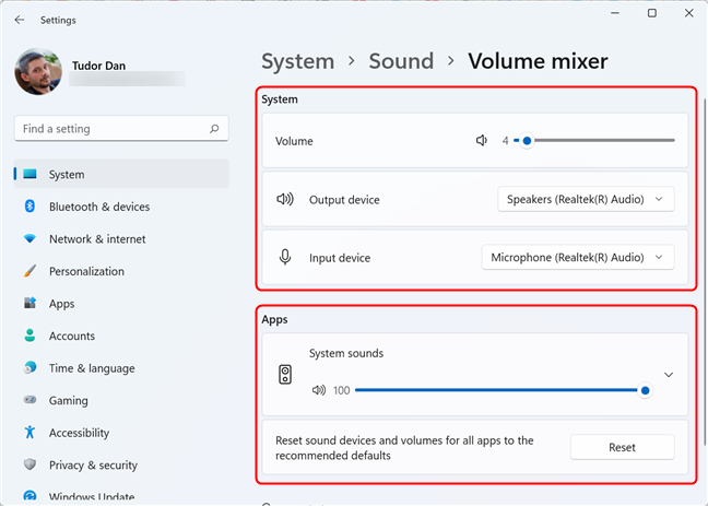 The main sections of the Volume Mixer