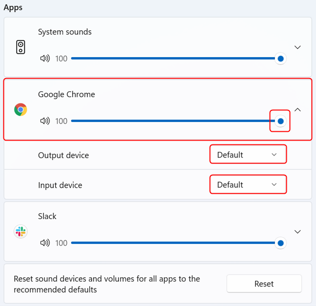 Changing sound settings for each app in Volume Mixer