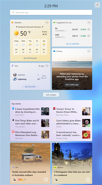 The Windows 11 Widgets panel