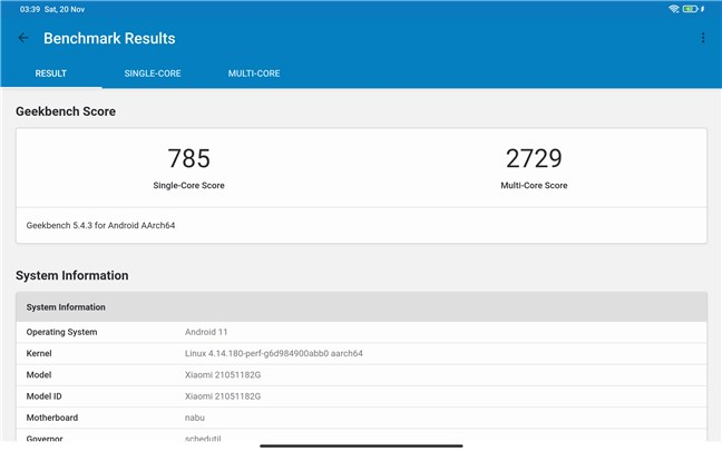 Xiaomi Pad 5: Geekbench benchmark results