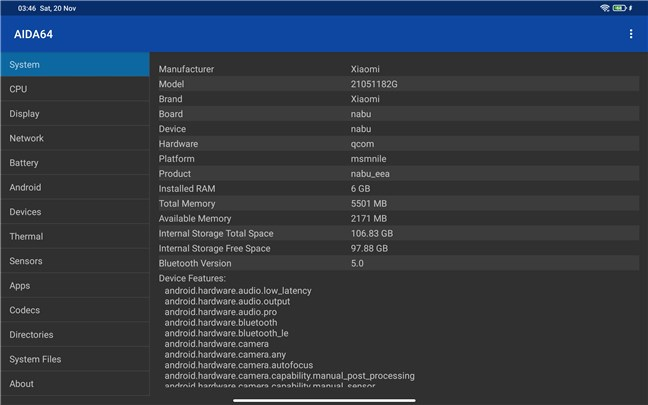 Hardware details including information about memory