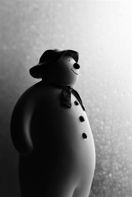 Grayscale photography of snowman figurine by James