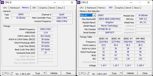 Details about the Kingston FURY Beast DDR5-4800 32GB shown by CPU-Z