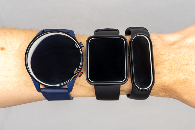 The Mi Watch (left), the Mi Watch Lite (center), and the Mi Smart Band 6 (right)