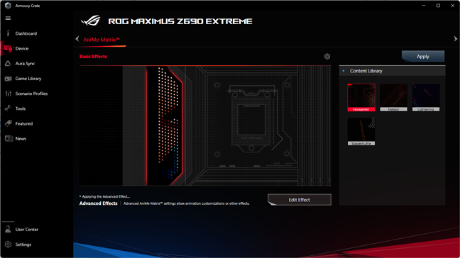 AniMe Matrix settings available in Armoury crate