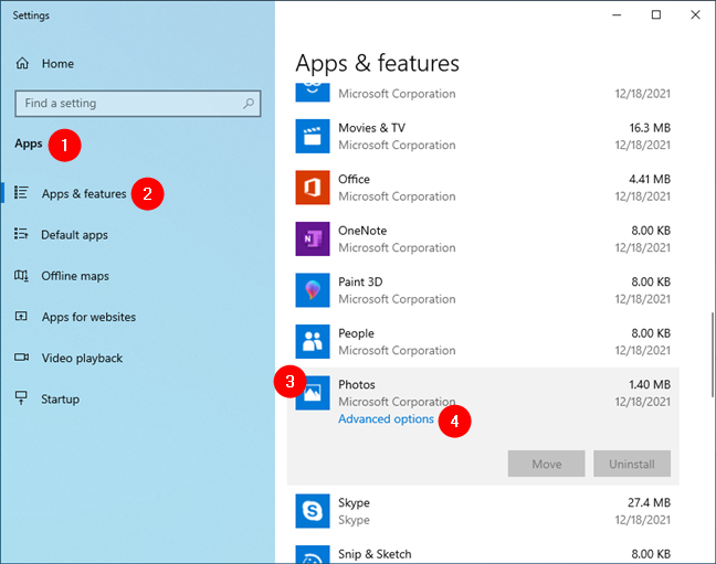 Advanced options of an app in the Windows 10 Settings