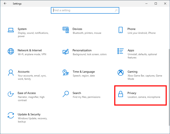 The Privacy entry from the Windows 10 Settings
