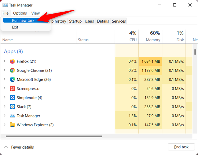 Access Run new task from the File menu