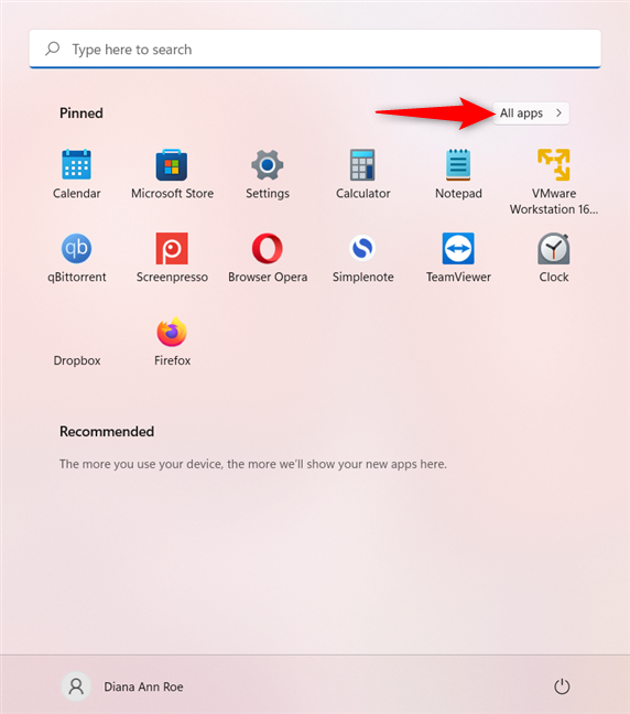 Access the All apps list in Windows 11