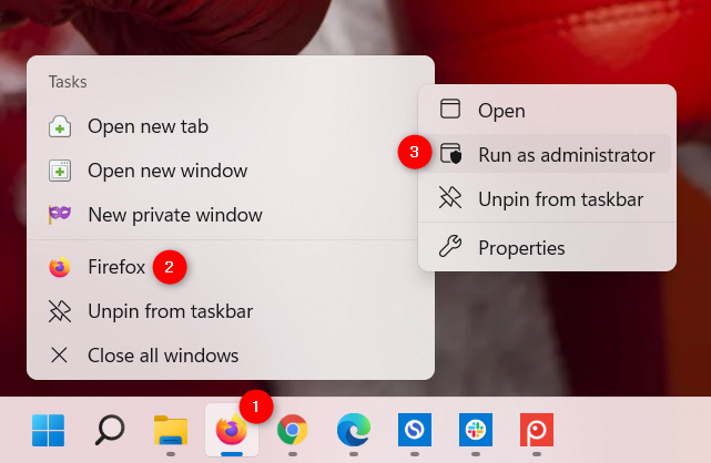 Use a taskbar shortcut to run as administrator in Windows 11
