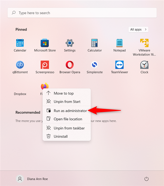 Choose Run as administrator from a pinned app's contextual menu