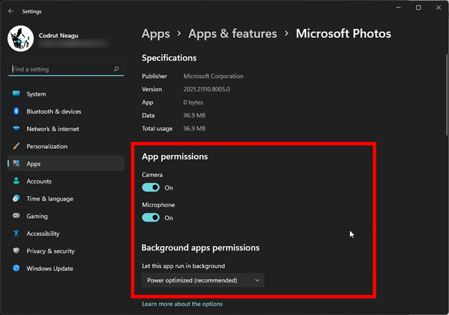 App permissions of an app in Windows 11's Settings
