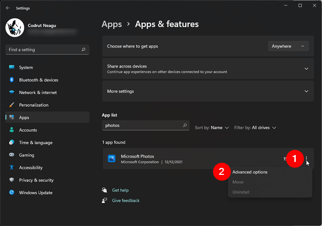 Advanced options of an app in the Windows 11 Settings