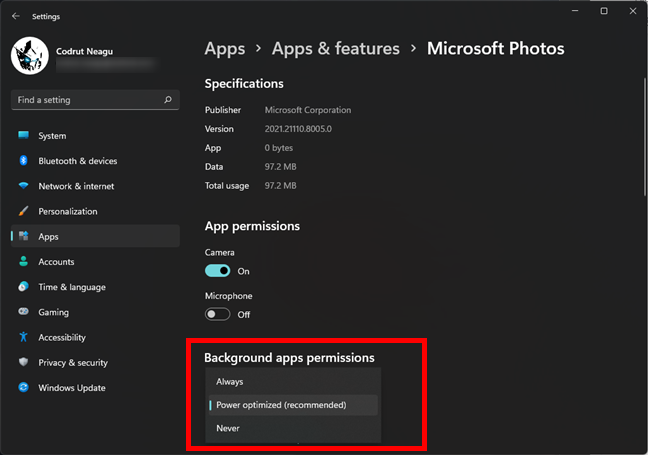 Background app permissions