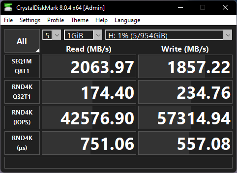 Kingston XS2000 SSD: CrystalDiskMark benchmark results