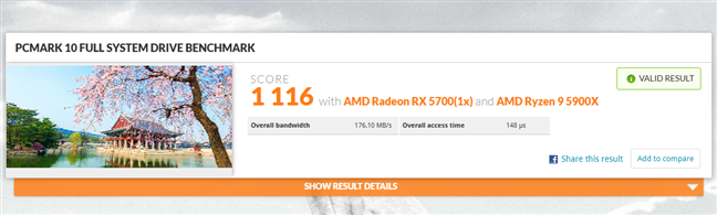 Kingston XS2000 benchmark result in PCMark 10