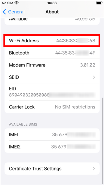 The Wi-Fi Address is your iPhone's MAC address