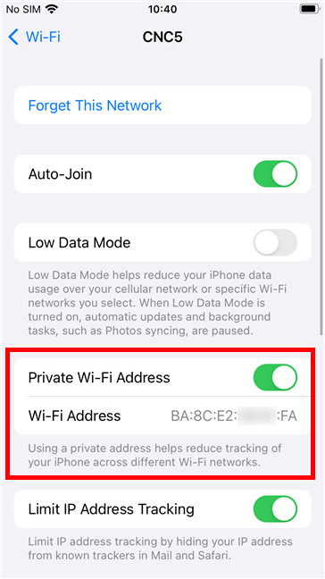 To disable MAC address randomization on an iPhone, disable the Private Wi-Fi Address switch 