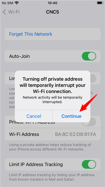 Changing the MAC address on an iPhone can briefly disconnect you from Wi-Fi